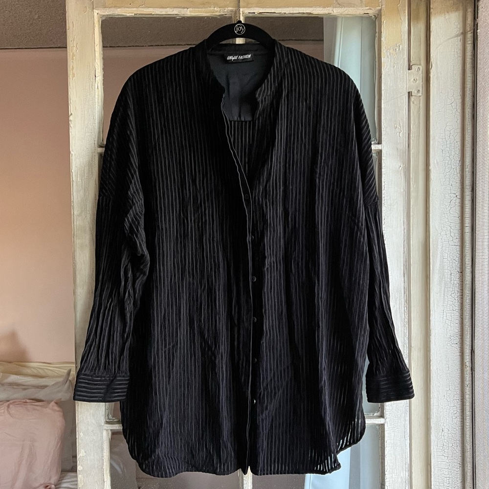 Unique Fashion Black Band Collar Striped Long Sleeve Button Up Shirt